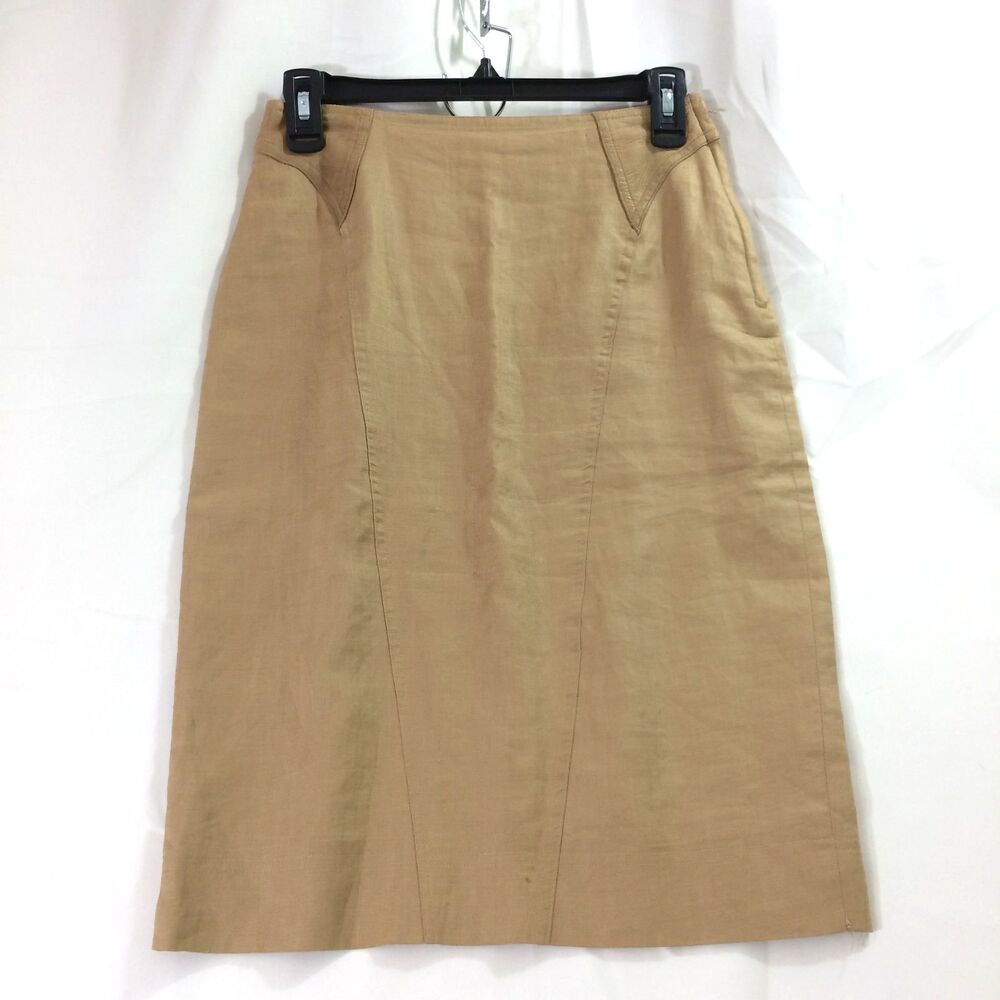 VINTAGE Rue de Calais Linen Pencil Skirt 80s/90s Size 6 Leather Waist Accents